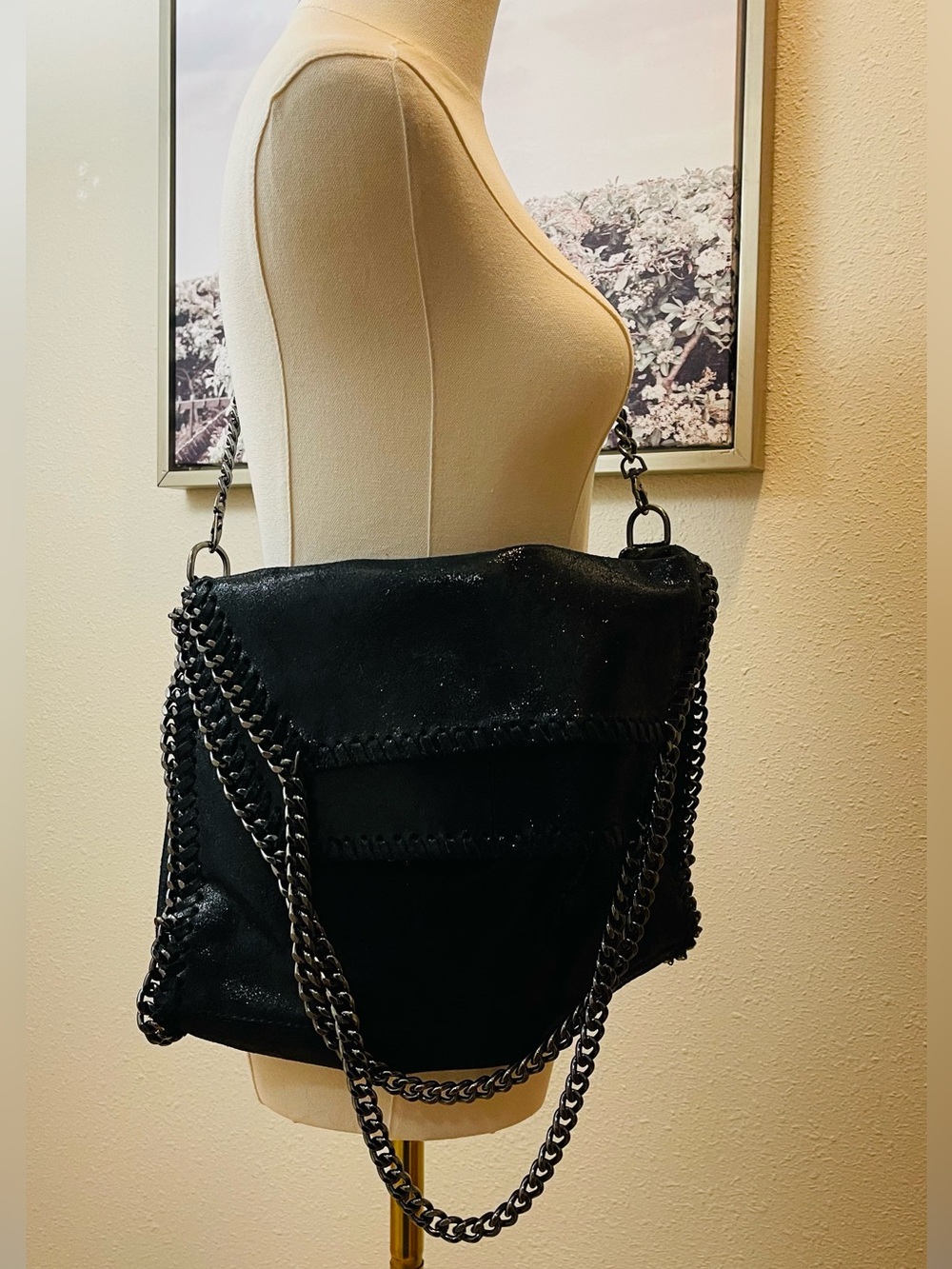 Borse In Pelle Italian Leather Chain Trim Foldover Tote / Crossbody Bag